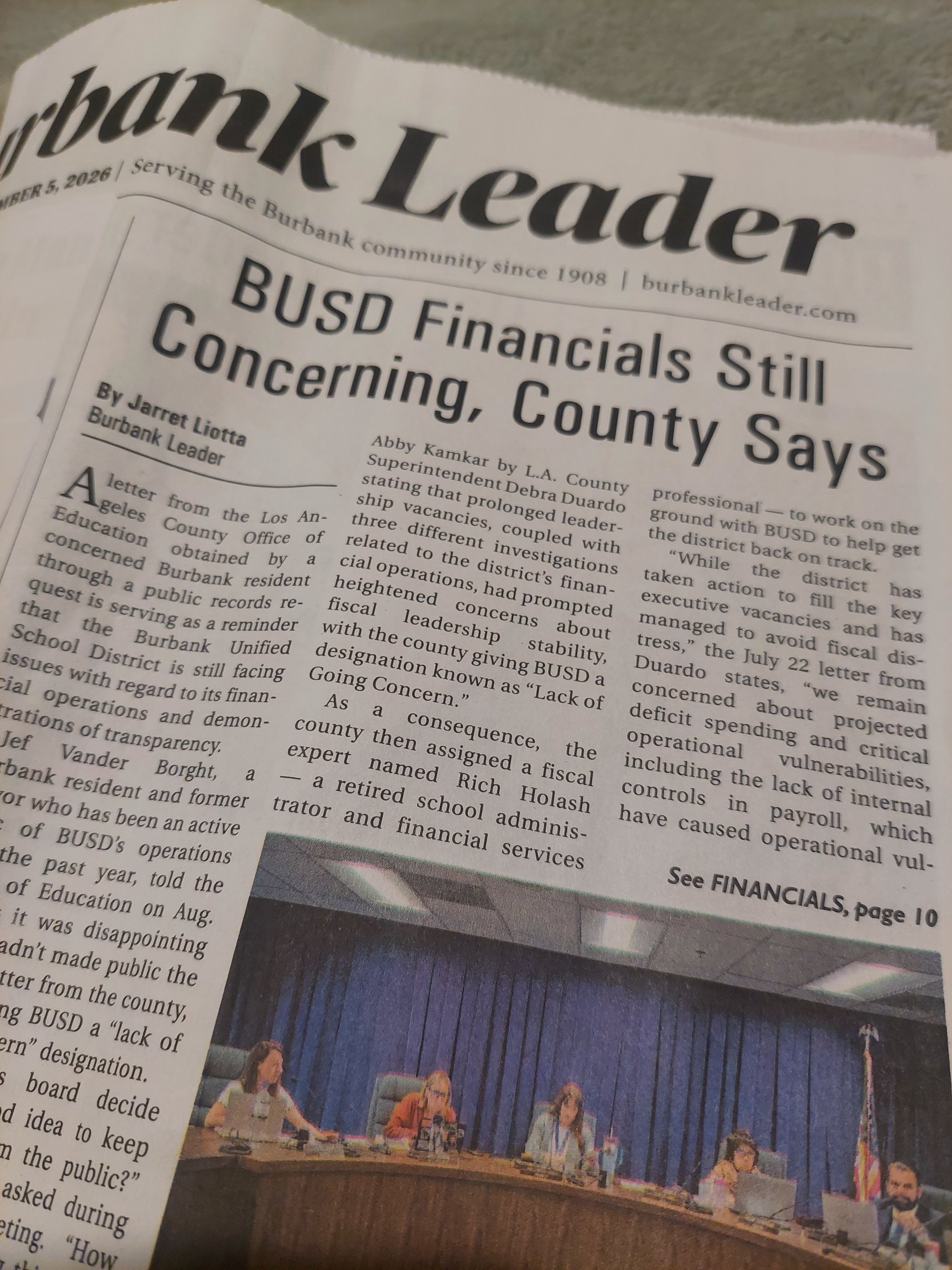 This week's Burbank Leader — BUSD Financials Still Concerning, County Says